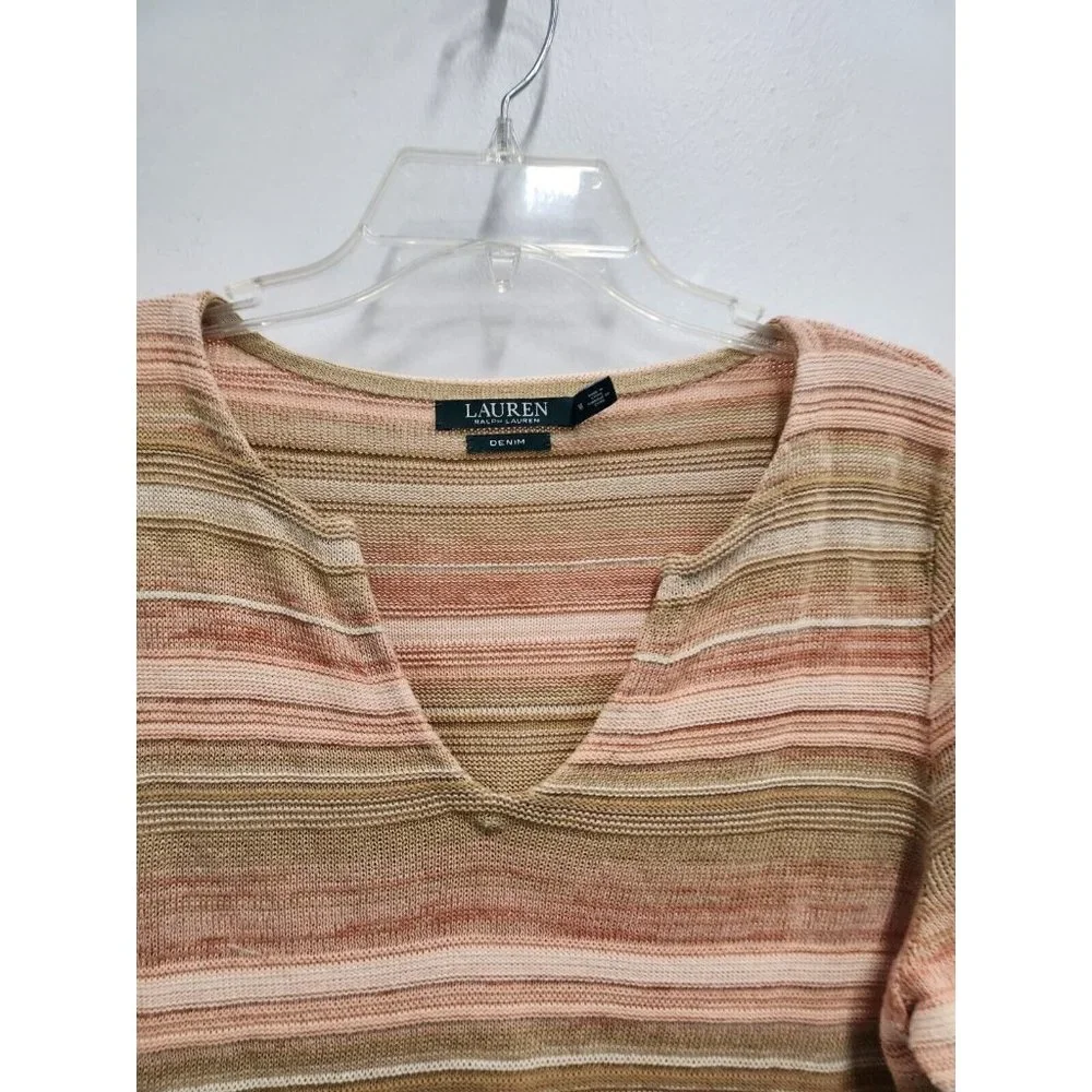 Lauren Ralph Lauren Denim Womens Sweater Medium Beige Linen Blend Striped Tunic - Picture 2 of 8